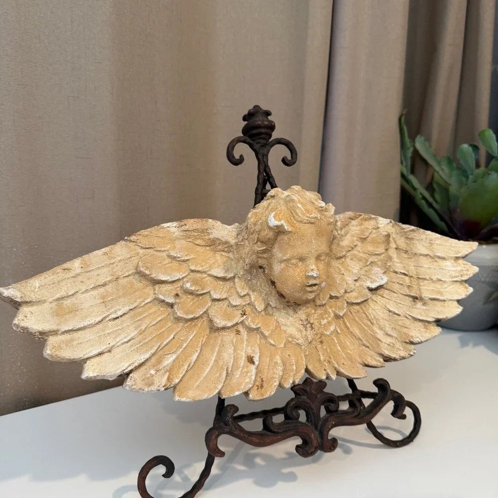 Vintage Cherub Angel Wings Wall Decor Plaque Distressed Architectural Sculpture